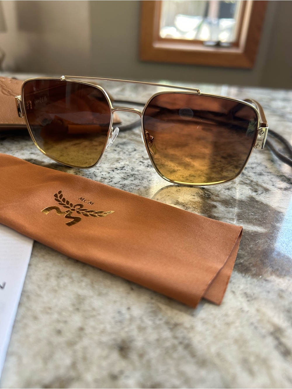 MCM Gold Frame Sunglasses with Brown Lenses and Tan Case